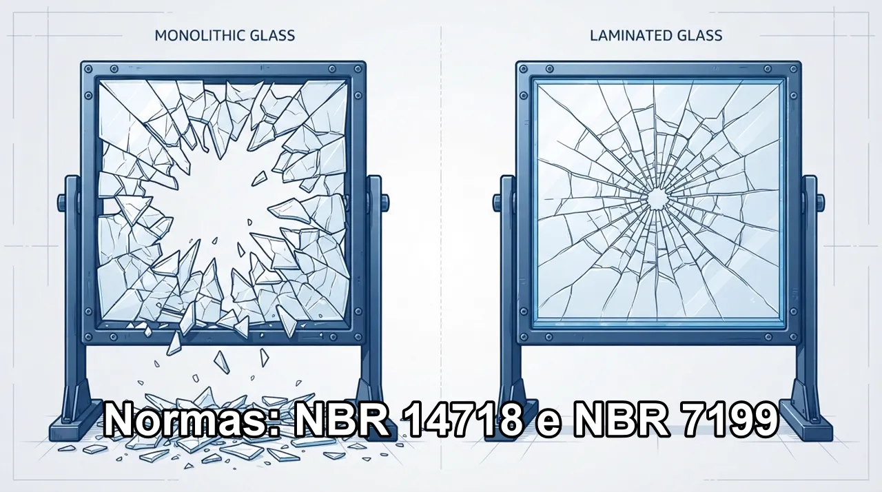 A ABNT NBR 14718 e a NBR 7199 determinam que o vidro laminado de segurança é o único aceito para guarda-corpos. O vidro