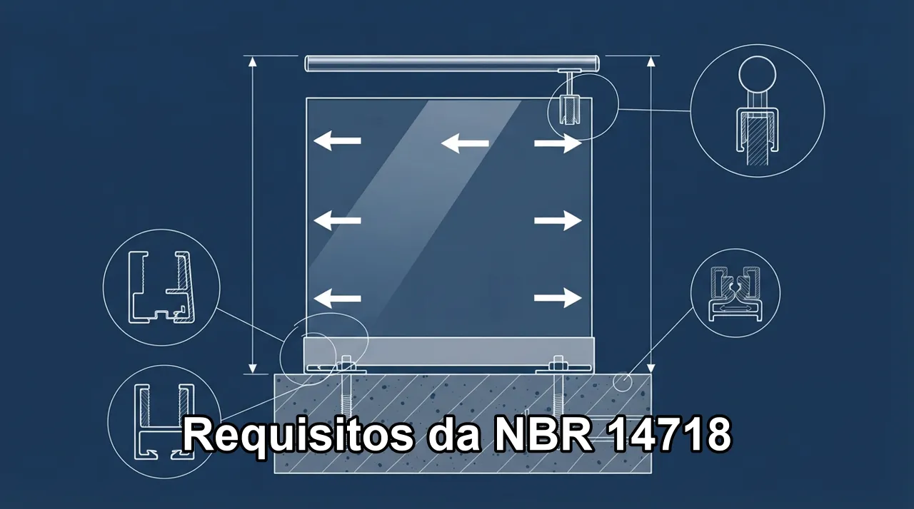 A NBR 14718 estabelece requisitos como resistência a cargas horizontais de pelo menos 0,8 kN/m em residências, ensaios