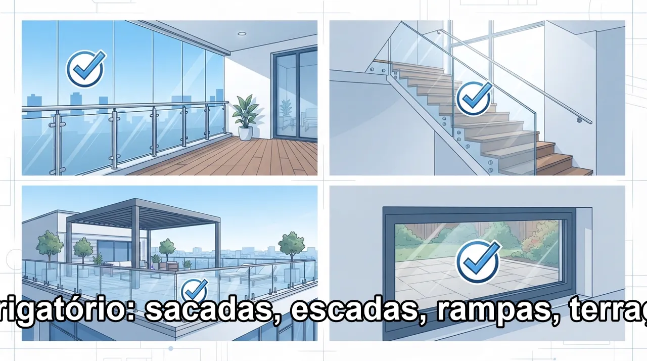 Quando o laminado é obrigatório? Em sacadas, mezaninos, escadas, rampas, terraços e janelas com peitoril baixo. Se há