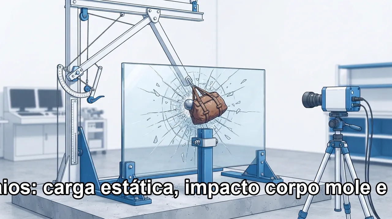 A norma exige ensaios de impacto: carga estática, impacto de corpo mole, simulando uma pessoa, e impacto de corpo duro,