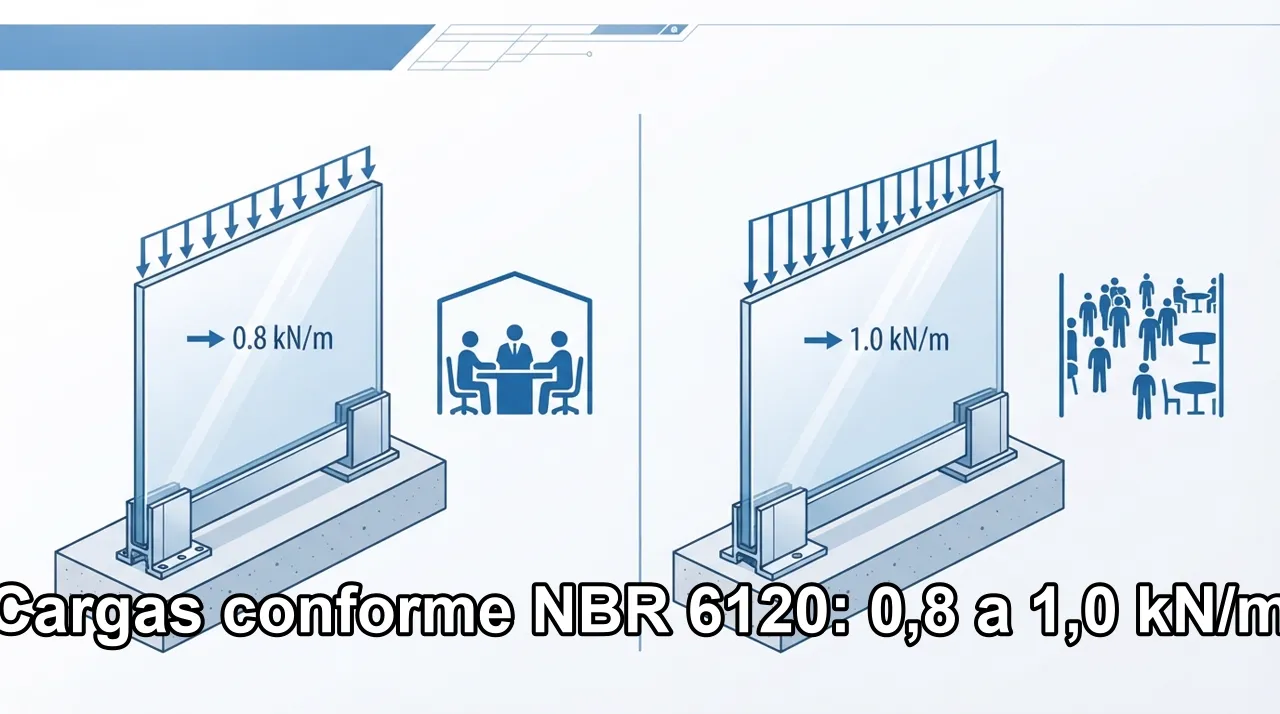 A NBR 6120 define as cargas que o guarda-corpo deve suportar: 0,8 kN/m para residências e 1,0 kN/m ou mais para locais