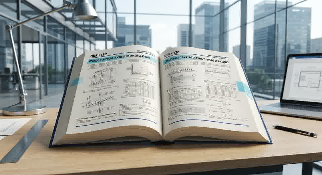 Siga as normas NBR 7199 e NBR 6120 para garantir espessura mínima e resistência ao vento.